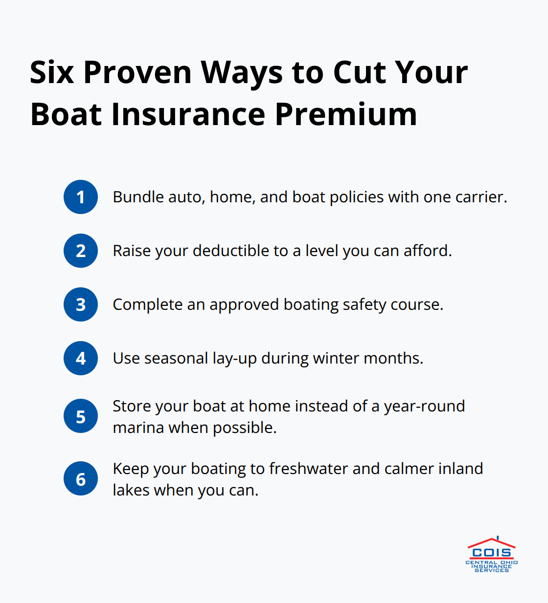Compact list of actionable steps to reduce boat insurance premiums in Columbus, Ohio
