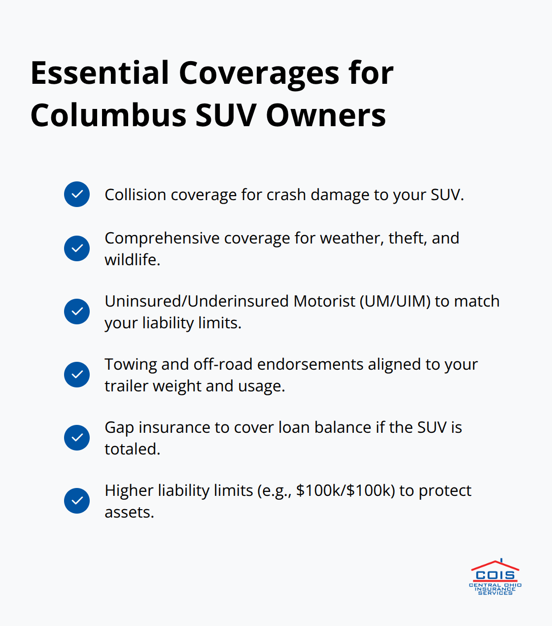 Checklist of must-have SUV coverages for Columbus, Ohio drivers - Columbus SUV auto insurance