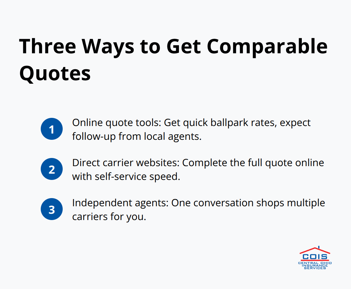 Compact list comparing online tools, direct carrier sites, and independent agents.
