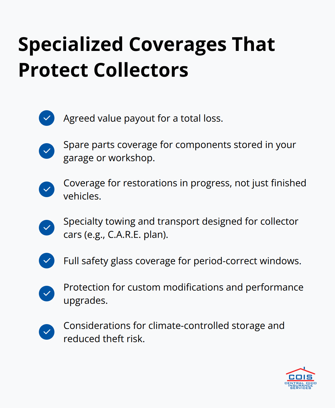 Checkmark list of key antique car insurance coverages for U.S. collectors.