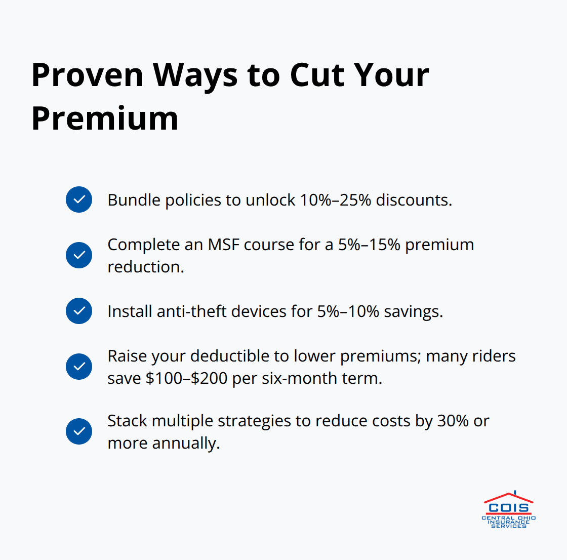 Checklist of motorcycle insurance savings strategies with typical discount ranges.