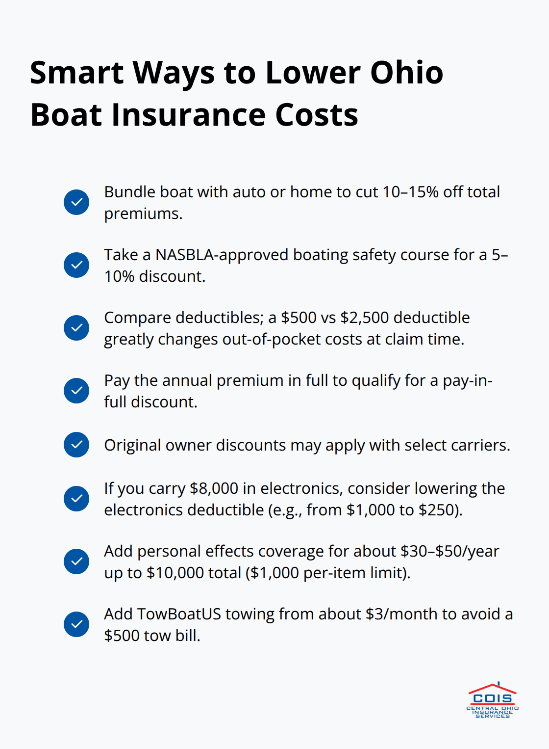 Checklist of discounts and add-ons that can reduce boating insurance expenses in Ohio - Recreational boat policy Ohio
